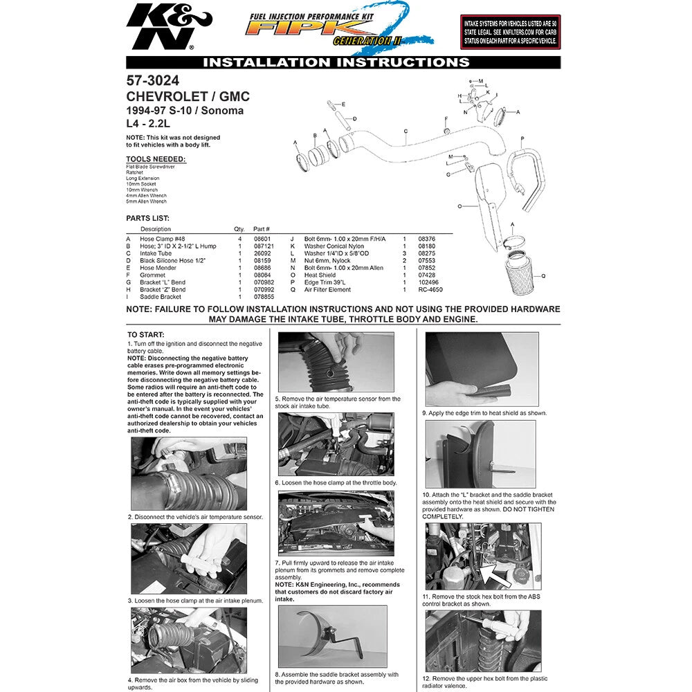 K&N 94-97 Chevy S10 / GMC Sonoma L4 2.2L Performance Intake Kit