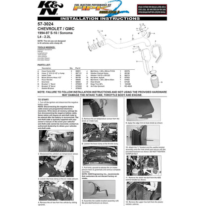 K&N 94-97 Chevy S10 / GMC Sonoma L4 2.2L Performance Intake Kit
