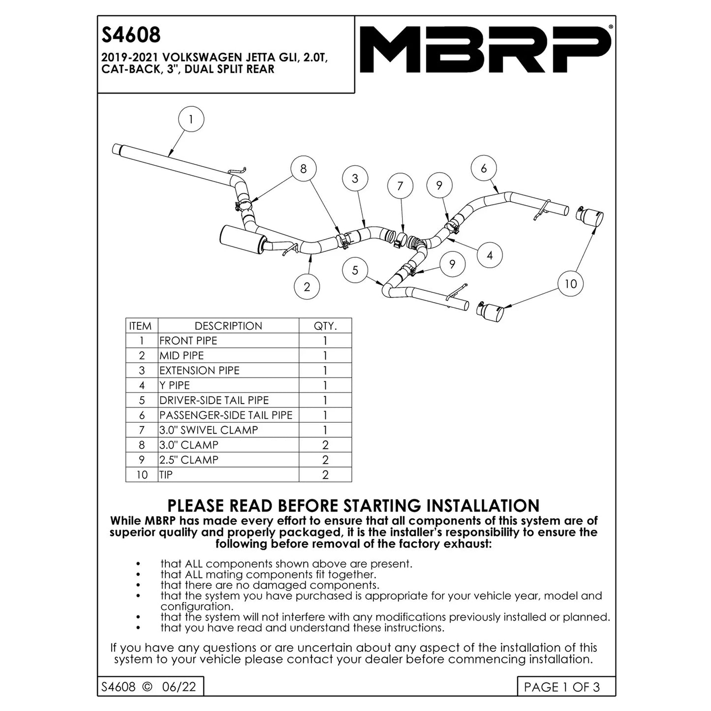 MBRP 3-In Armor Pro Race Dual Rear Exit Cat-Back | VW Jetta GLI (S4608304)