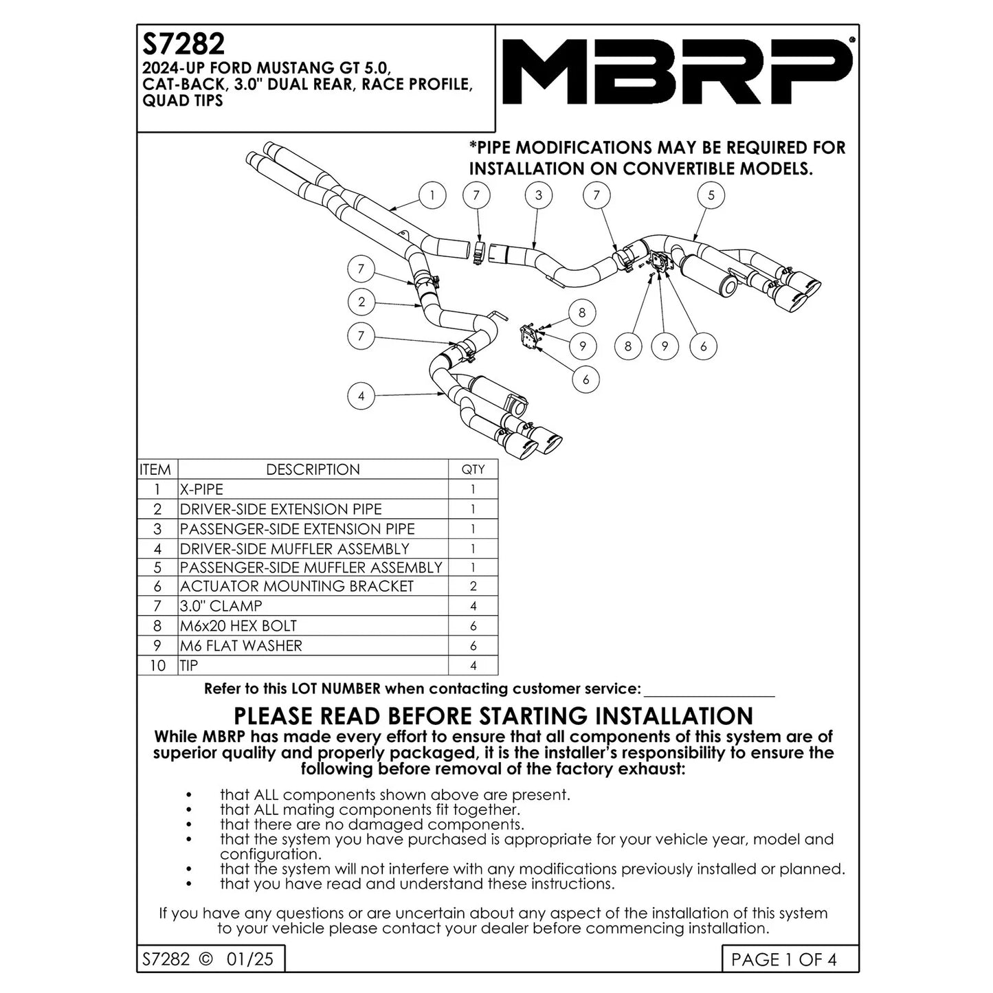 MBRP 2024+ Ford Mustang 5.0L Blk Alum. SS 3in Cat-Back Exhaust w/ Quad Blk Tips (Valve Delete) | Ford Mustang (S7282BLK)