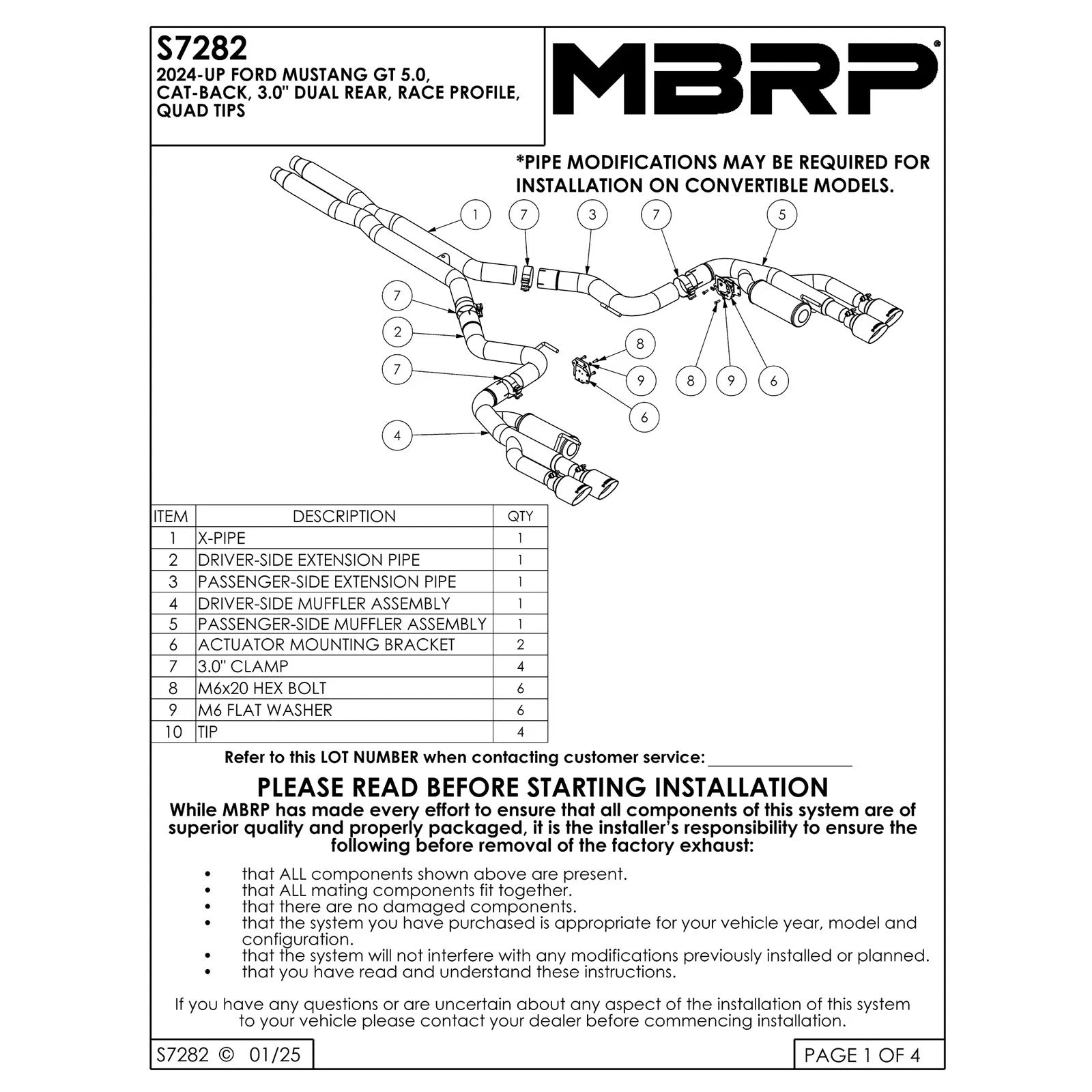 MBRP 2024+ Ford Mustang 5.0L Blk Alum. SS 3in Cat-Back Exhaust w/ Quad Blk Tips (Valve Delete) | Ford Mustang (S7282BLK)
