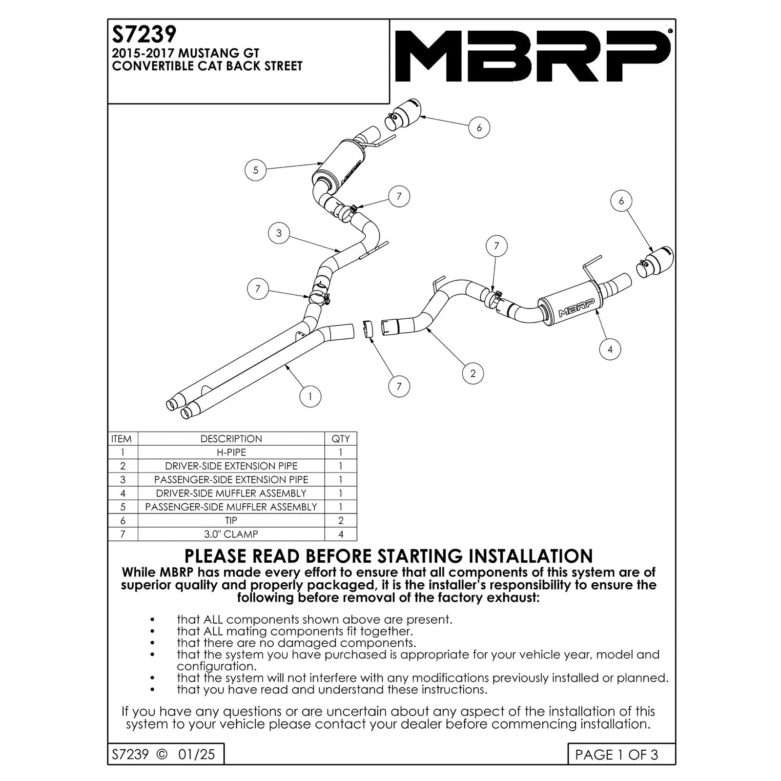 MBRP 3-Inch Street Dual Exit Cat-Back Exhaust w/ Black Tips | 2015 - 2017 Ford Mustang GT (S7239BLK)