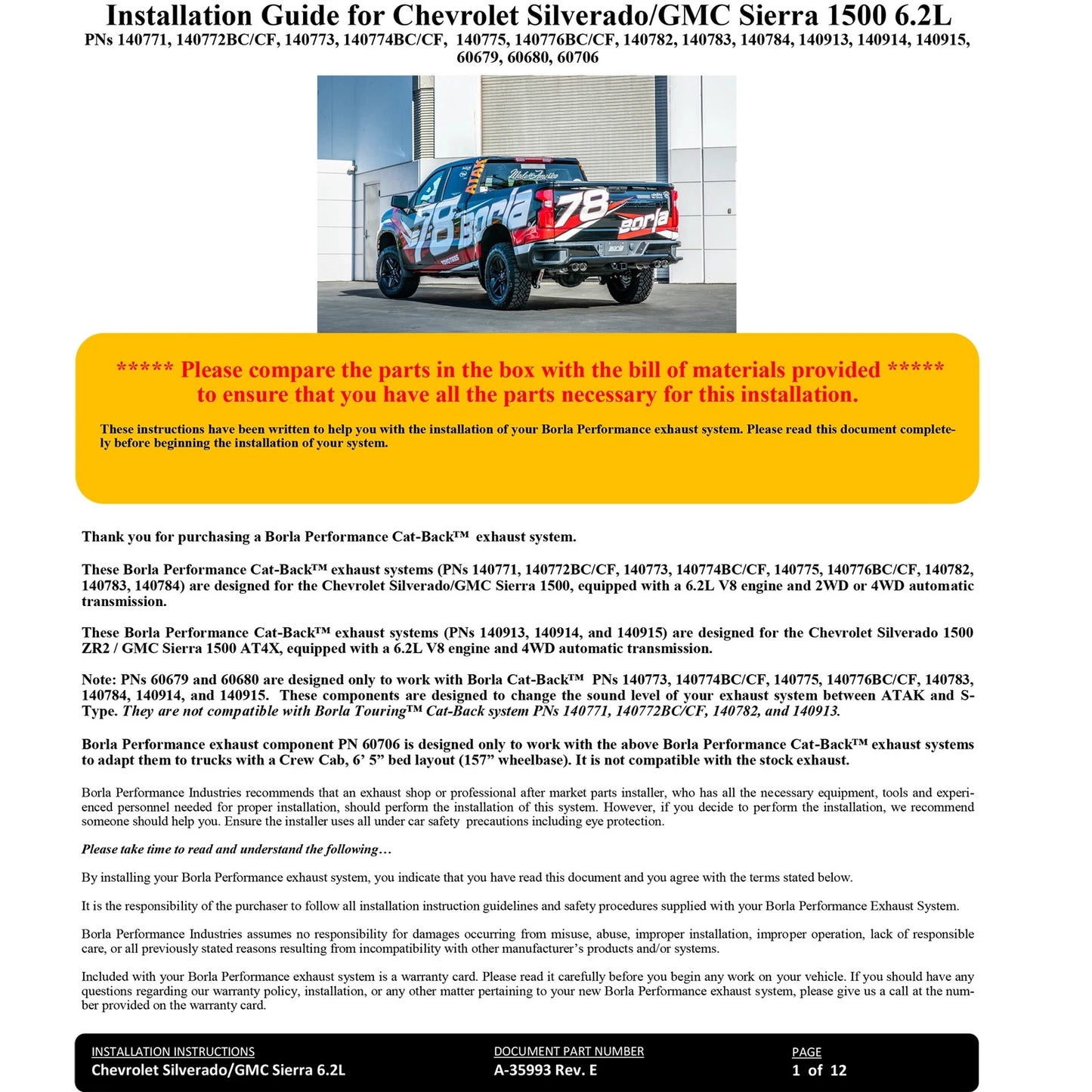 Borla 6.2L CC SB 147.5in WB ATAK Cat-Back | Chevrolet Silverado 1500 ZR2 & AT4X (140915)