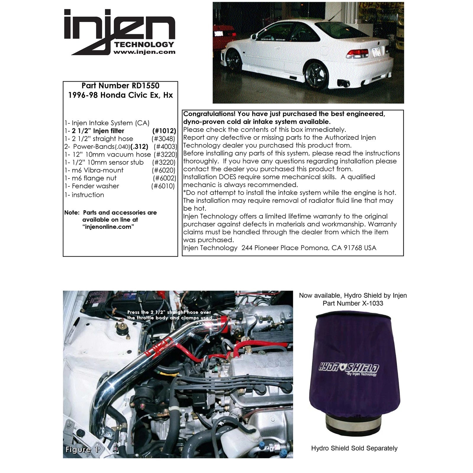 Injen Black Cold Air Intake System | Honda Civic EX/HX/EL (Canada) (96-98) (RD1550BLK)