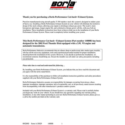 Borla Cat-Back Exhaust System - Touring | 2002-2002 Ford Thunderbird 3.9L (140008)