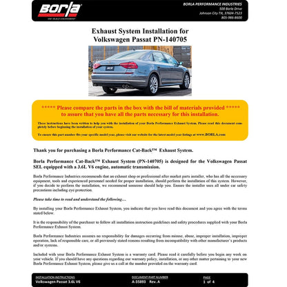 Borla Cat-Back Exhaust System - S-Type | 2016-2018 Volkswagen Passat 3.6L (140705)