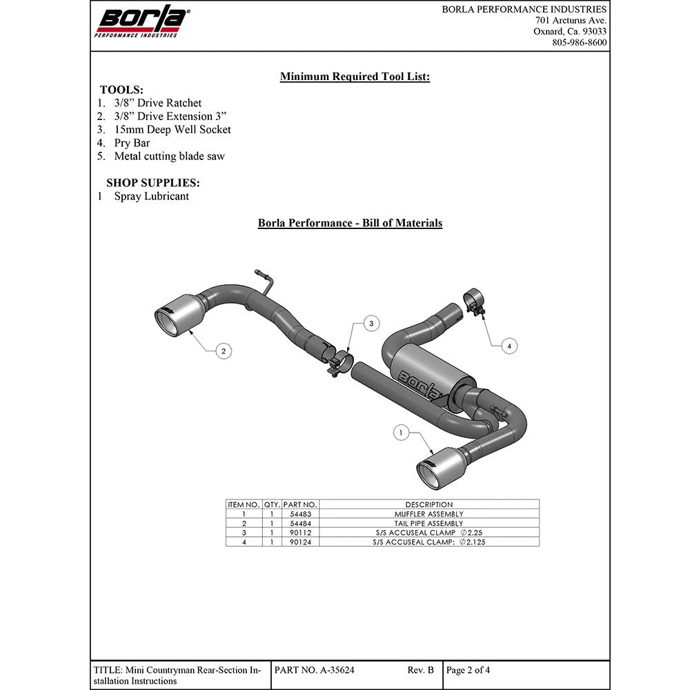 Borla Axle-Back S-Type Exhaust System | 2011-2016 Mini Cooper Countryman 1.6L (11804)