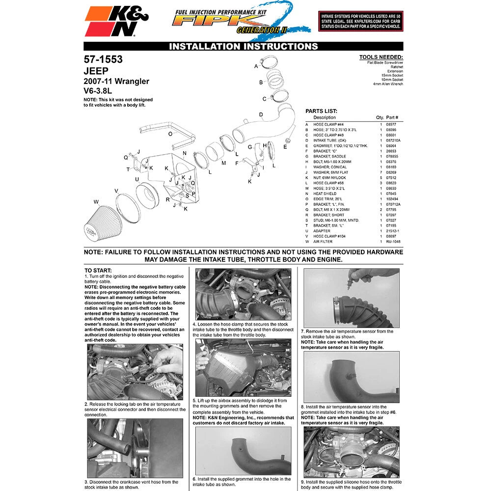 K&N 07 Jeep Wrangler V6-3.8L Performance Intake Kit | Jeep Wrangler (07) (57-1553)