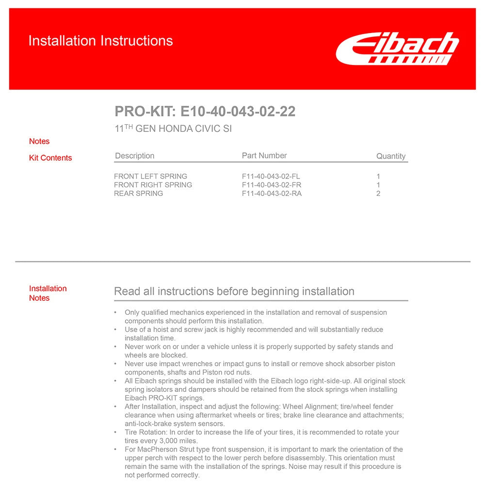 Eibach Pro-Kit Lowering Springs | 2022+ Honda Civic Si Sedan (E10-40-043-02-22)