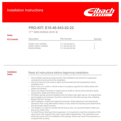 Eibach Pro-Kit Lowering Springs | 2022+ Honda Civic Si Sedan (E10-40-043-02-22)