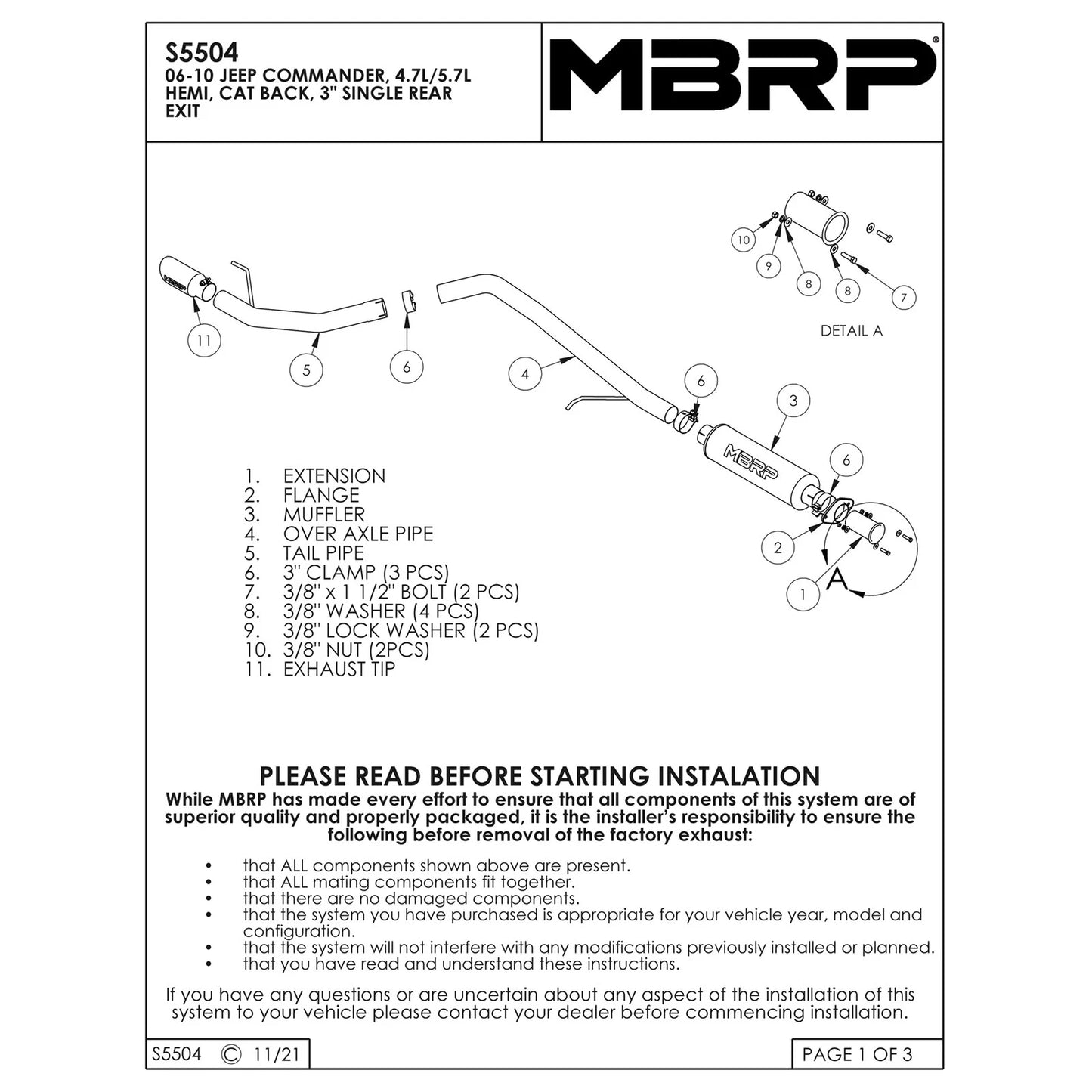 MBRP 3in. Cat-Back Single Rear Exit Exhaust | Jeep Commander 2006-08 4.7L / 5.7L Hemi (S5504409)