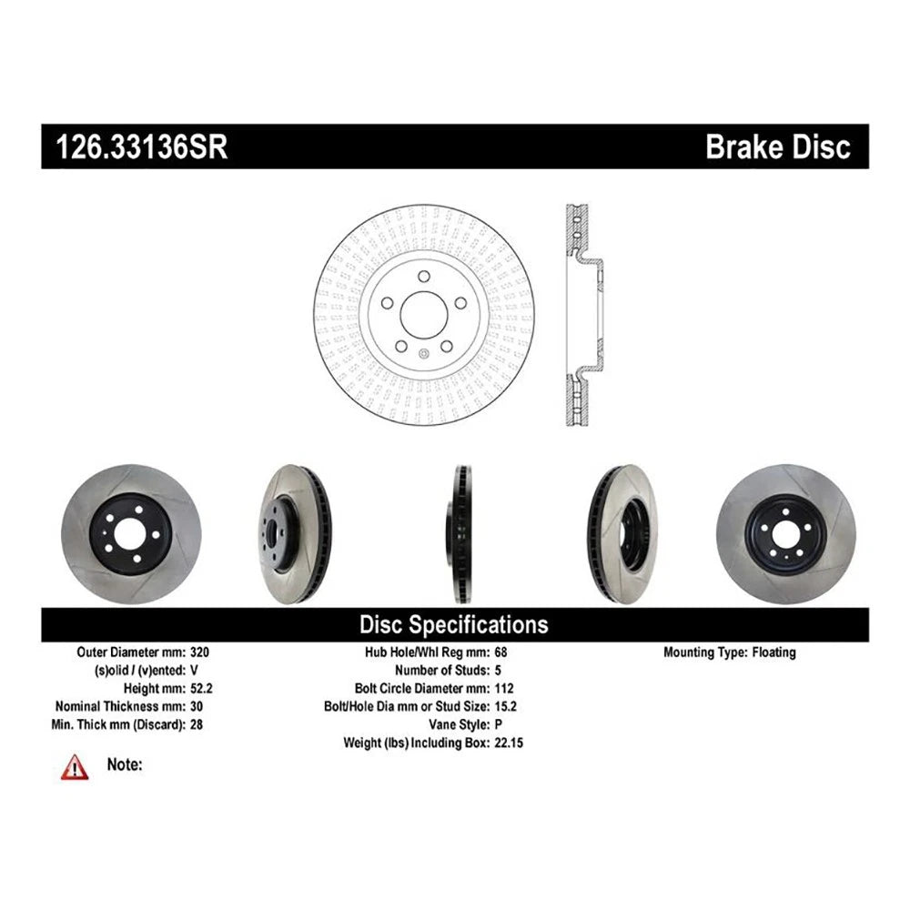 StopTech 126.33136SR Front Right Brake Disc Rotor for 2008-17 Audi A5 / 12-19 A6