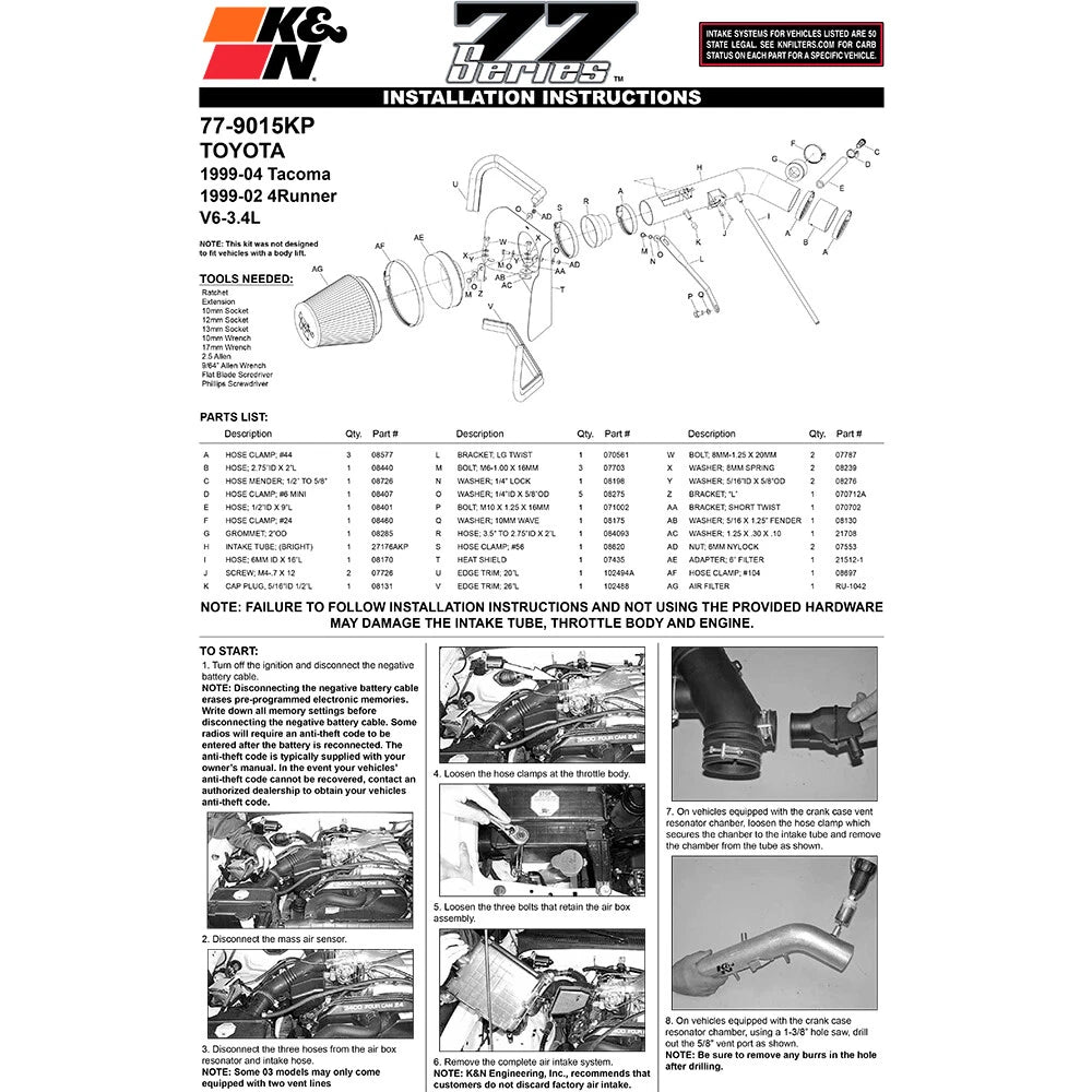 K&N High Flow Performance Kit | Toyota Tacoma/4Runner (99-04) (77-9015KP)