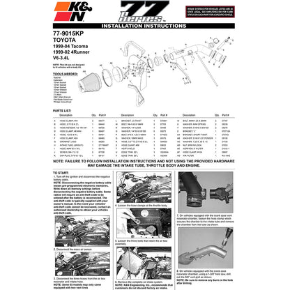 K&N High Flow Performance Kit | Toyota Tacoma/4Runner (99-04) (77-9015KP)