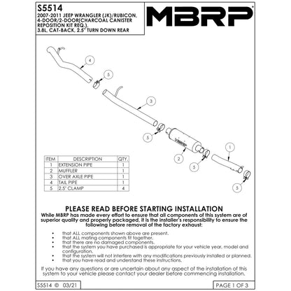 MBRP 2.5in Cat-Back Muffler Before Axle Off-Rd Tail Pipe | Jeep JK 3.8L V6 4Dr (07-09) (S5514AL)
