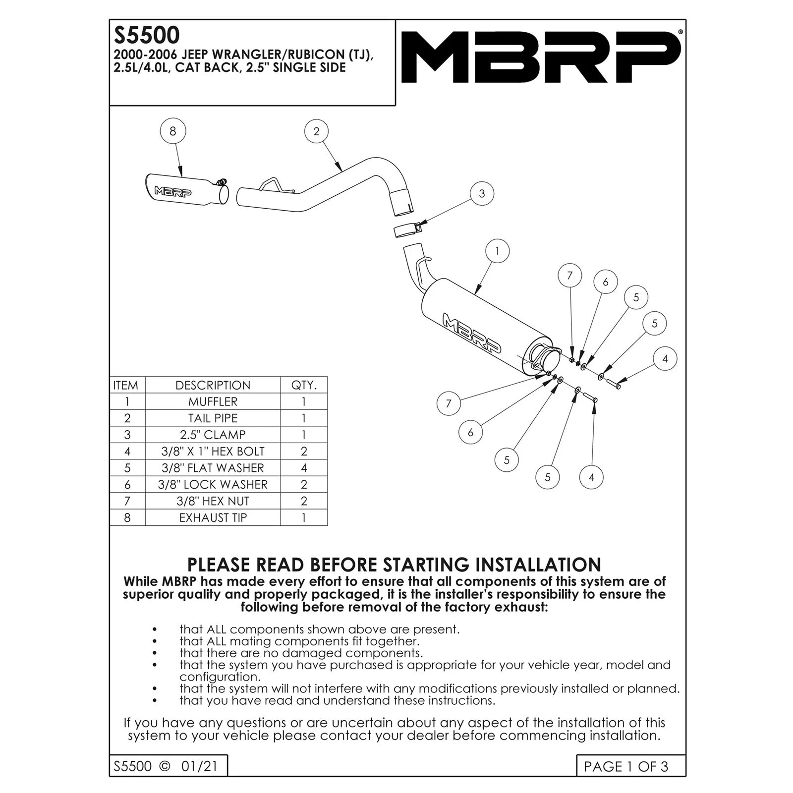 MBRP 2.5in Cat-Back Single Side Exit Exhaust (Aluminum) | Jeep Wrangler (JK) 2000-06 (S5500AL)