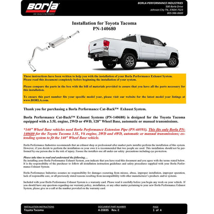 Borla Cat-Back Exhaust System - S-Type | 2016-2020 Toyota Tacoma Crew Cab Pickup 3.5L (140680)