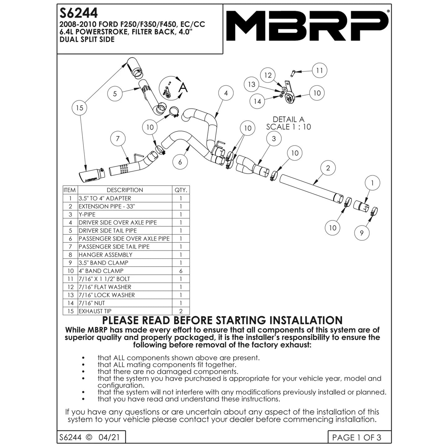 MBRP Armor Lite 6.4L Filter Back Duals | F-250/350/450 08-10 (S6244AL)