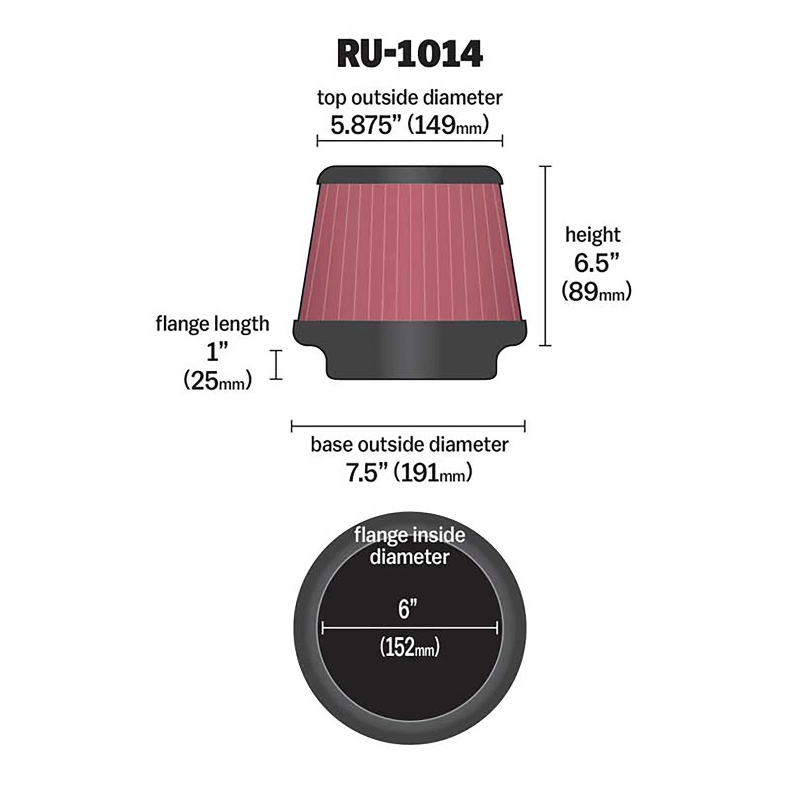 K&N RU-1014 Universal Round Tapered Performance Washable Air Filter for Intake
