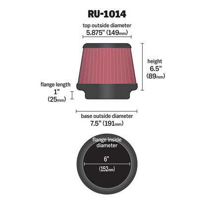 K&N RU-1014 Universal Round Tapered Performance Washable Air Filter for Intake