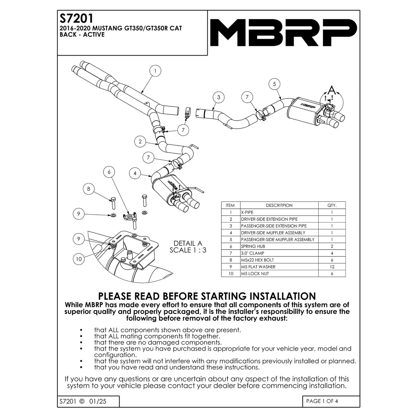 MBRP 3-Inch Race Quad Exit Cat-Back Exhaust | 2016 - 2020 Ford Mustang Shelby GT350/350R (S7201304)