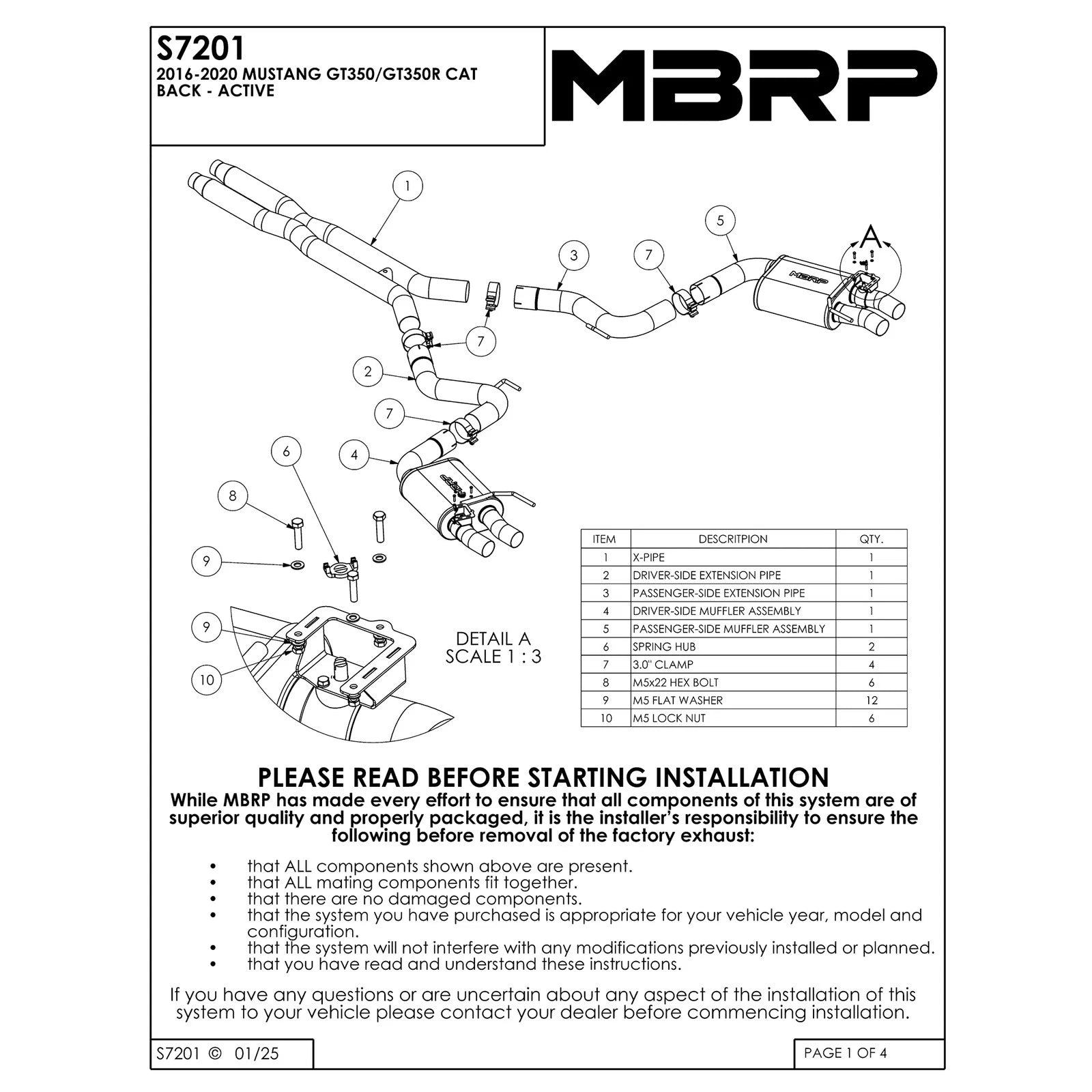MBRP 3-Inch Race Quad Exit Cat-Back Exhaust | 2016 - 2020 Ford Mustang Shelby GT350/350R (S7201304)