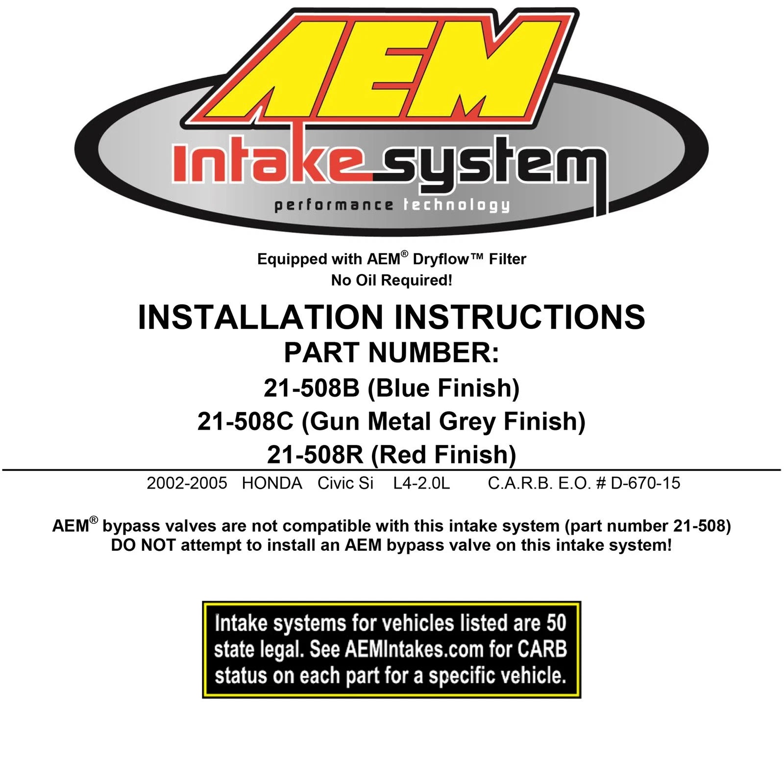 AEM Cold Air Intake System | Honda Civic Si 2.0L (02-05) (21-508R)