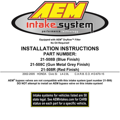 AEM Cold Air Intake System | Honda Civic Si 2.0L (02-05) (21-508R)