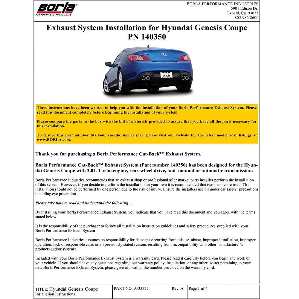 Borla Cat-Back Exhaust System - S-Type | 2010-2014 Hyundai Genesis Coupe 2.0L (140350)