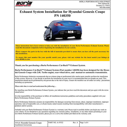 Borla Cat-Back Exhaust System - S-Type | 2010-2014 Hyundai Genesis Coupe 2.0L (140350)