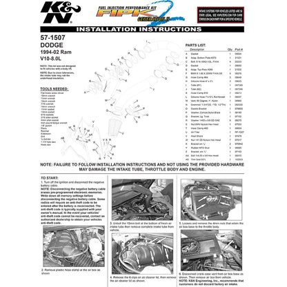 K&N 94-02 Dodge Ram V10-8.0L Performance Intake Kit | Dodge Ram V10 (57-1507)