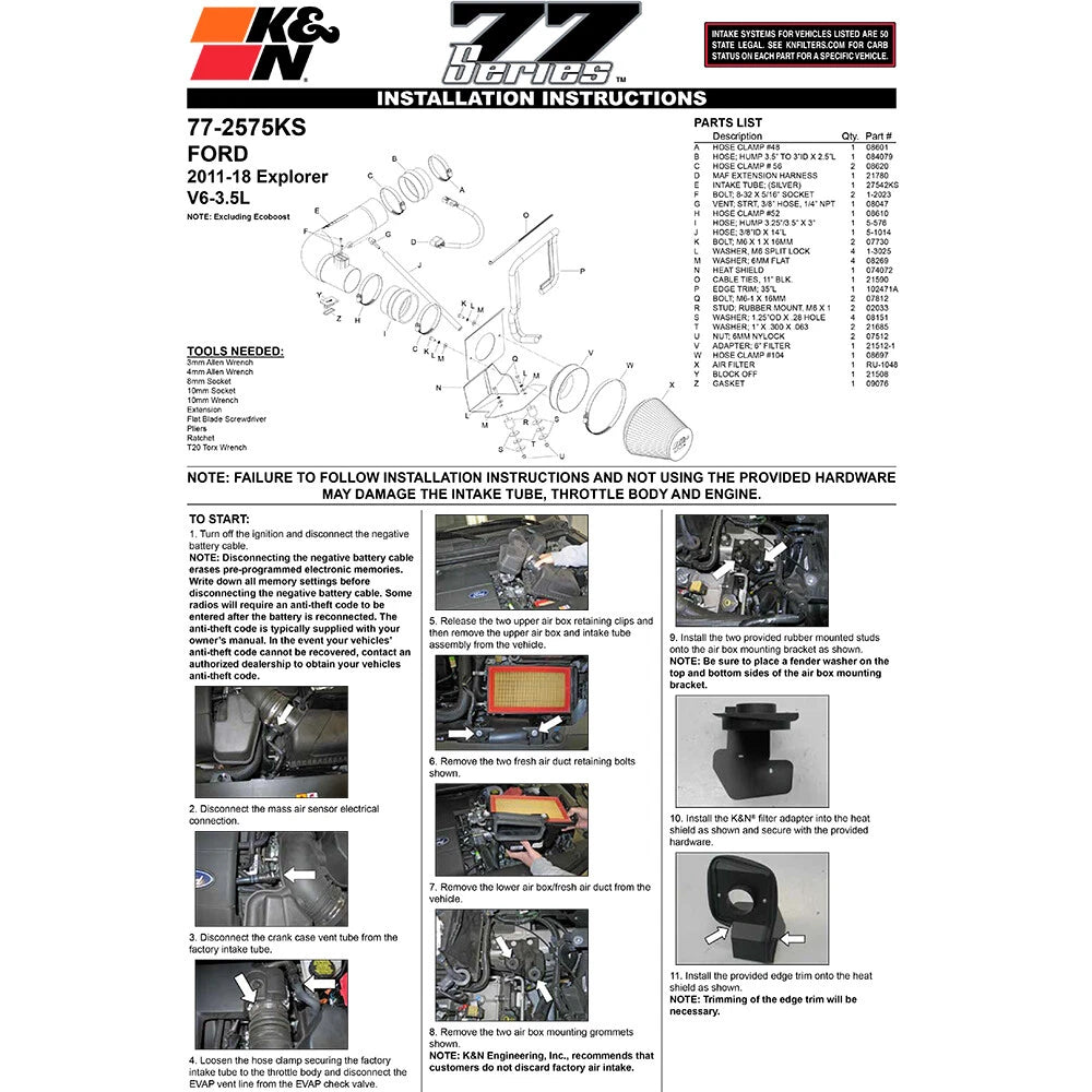 K&N 11 Ford Explorer 3.5L V6 Performance Intake Kit | Ford Explorer (11+)