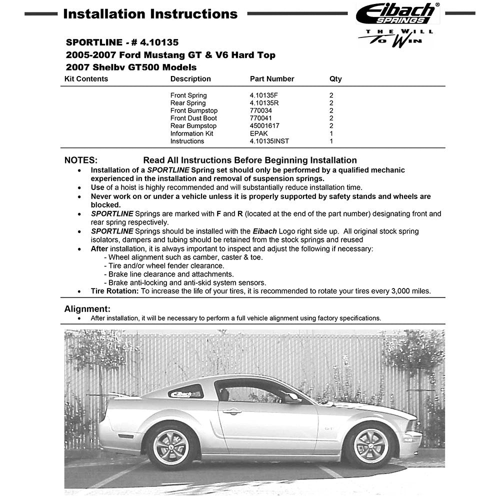 Eibach Sportline Lowering Springs for 2010 Ford Mustang 6 Cyl Coupe RWD (S197)