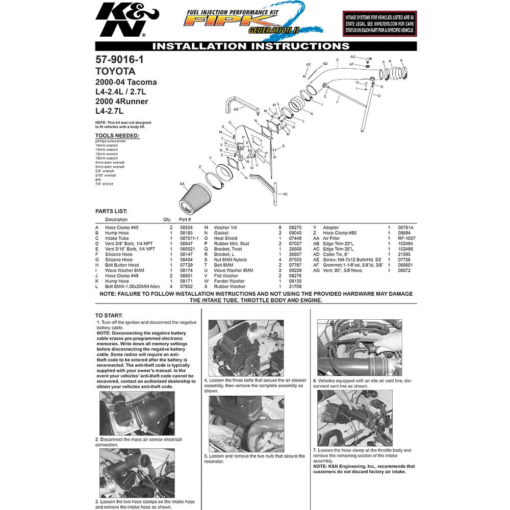 K&N Engineering Performance Air Intake Kit: Toyota 4Runner / Tacoma 2000 - 2004 L4 2.4L / 2.7L
