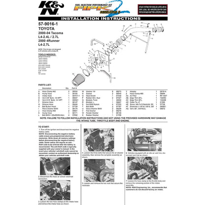 K&N Engineering Performance Air Intake Kit: Toyota 4Runner / Tacoma 2000 - 2004 L4 2.4L / 2.7L