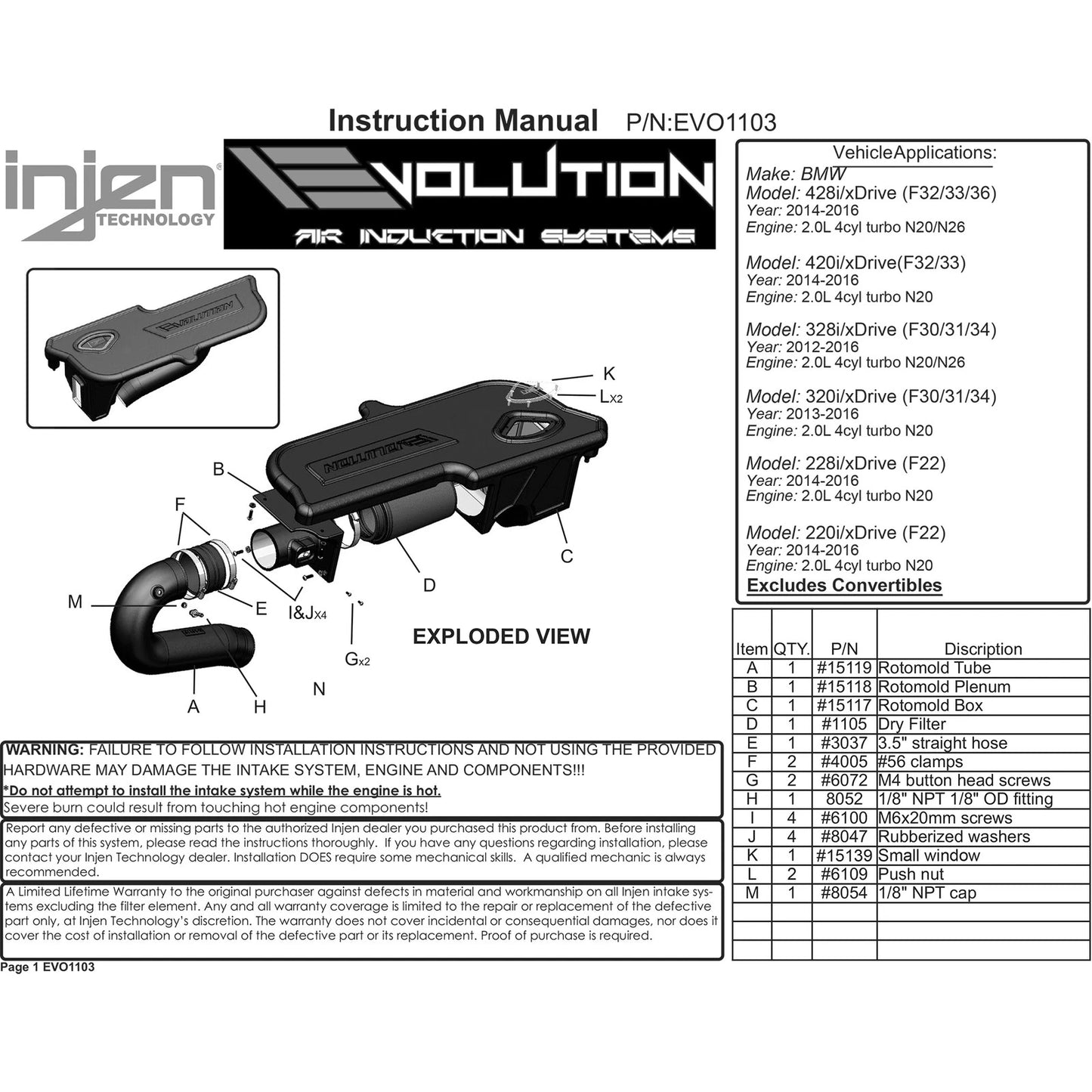 Injen Evolution Intake | BMW 3-Series (12-16) / 4-Series (14-16) / 2-Series (14-16) / BMW i3s (17-22) (EVO1103)
