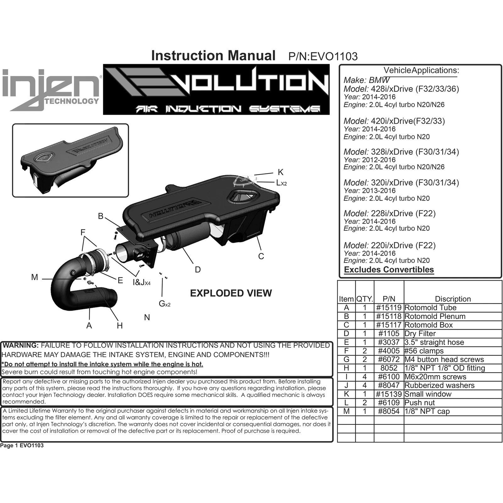 Injen Evolution Intake | BMW 3-Series (12-16) / 4-Series (14-16) / 2-Series (14-16) / BMW i3s (17-22) (EVO1103)