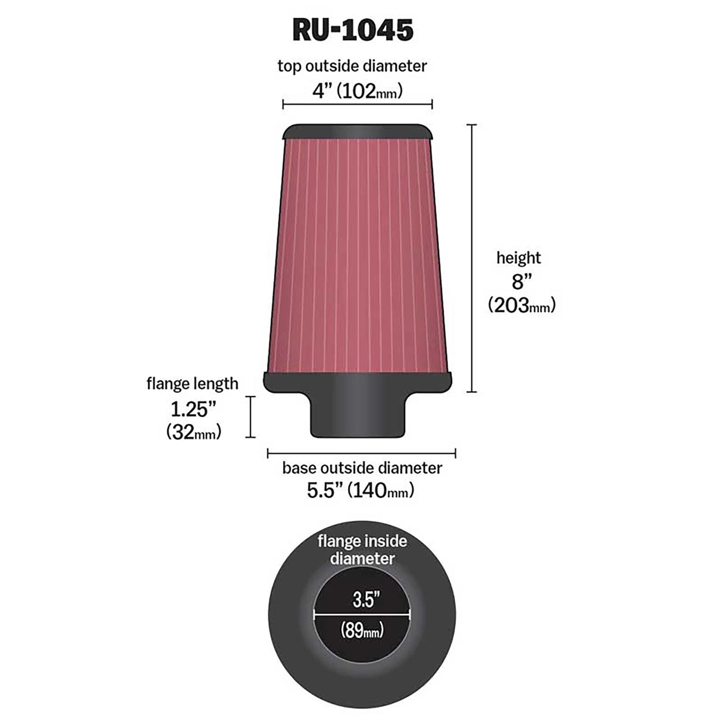 K&N RU-1045 Universal Round Tapered Performance Washable Air Filter for Intake