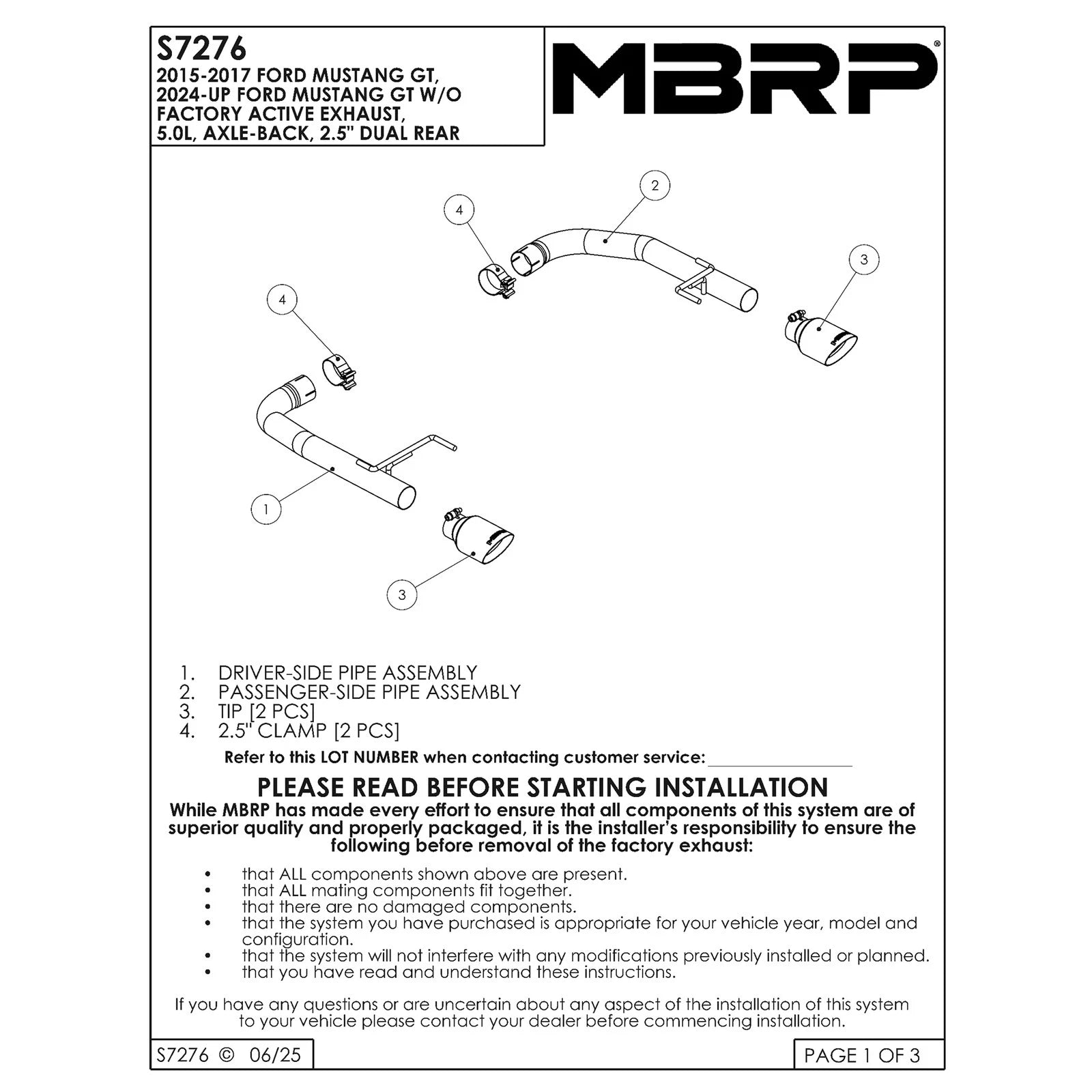 MBRP 2.5-In Race Dual Exit Axle-Back Exhaust w/ Black Tips | 2015 - 2017 Ford Mustang GT (S7276BLK)