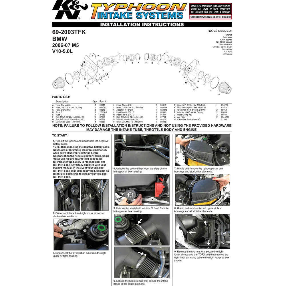 K&N 06-07 BMW M5 5.0L Flat Black Typhoon Short Ram Intake | BMW M5 (06-07) (69-2003TFK)