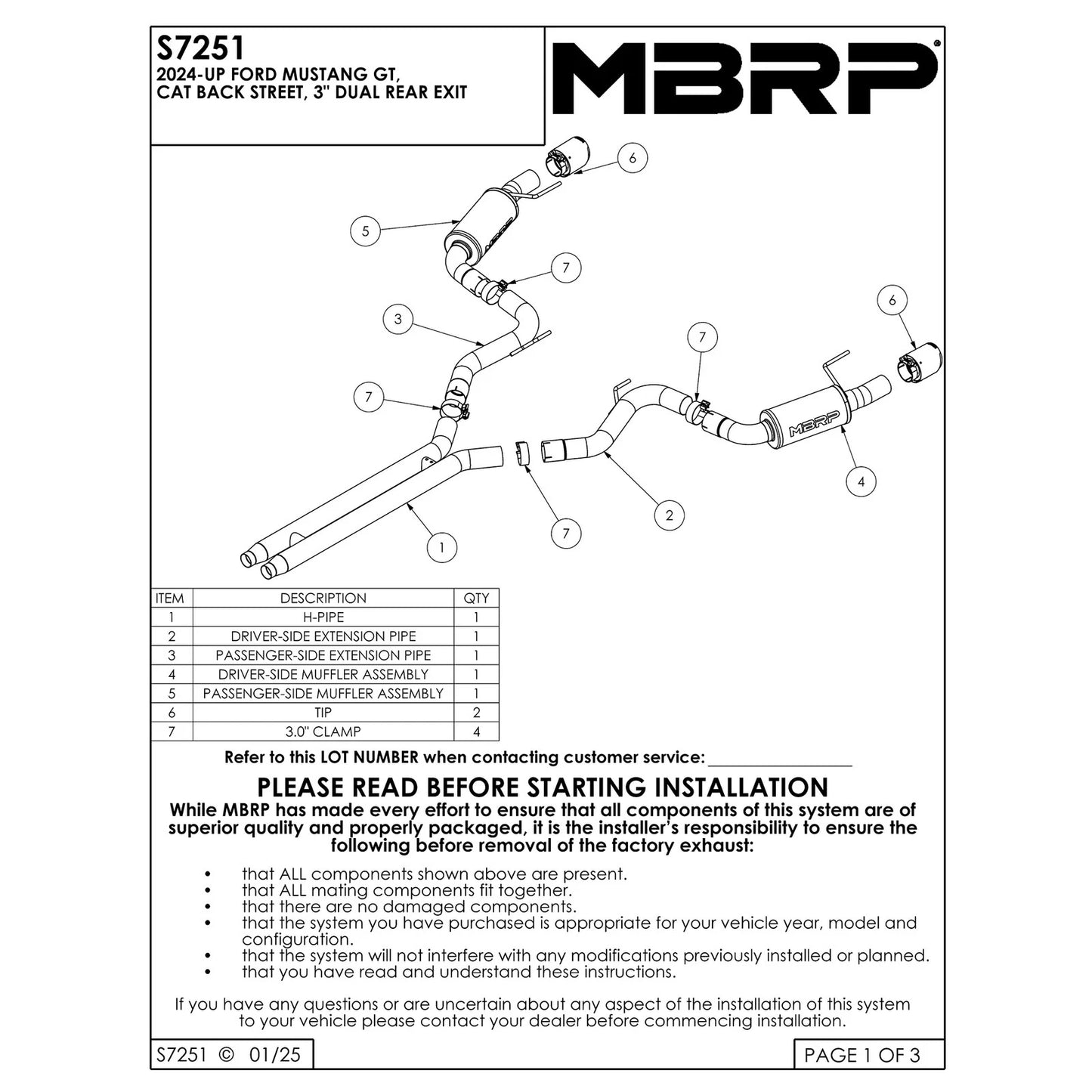 MBRP Stainless Steel 3" Cat-Back - Dual Exit | 2024+ Mustang GT (S7251)