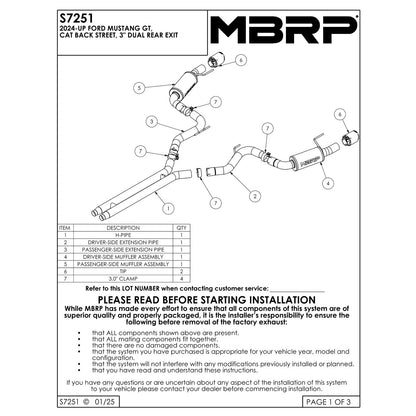 MBRP Stainless Steel 3" Cat-Back - Dual Exit | 2024+ Mustang GT (S7251)