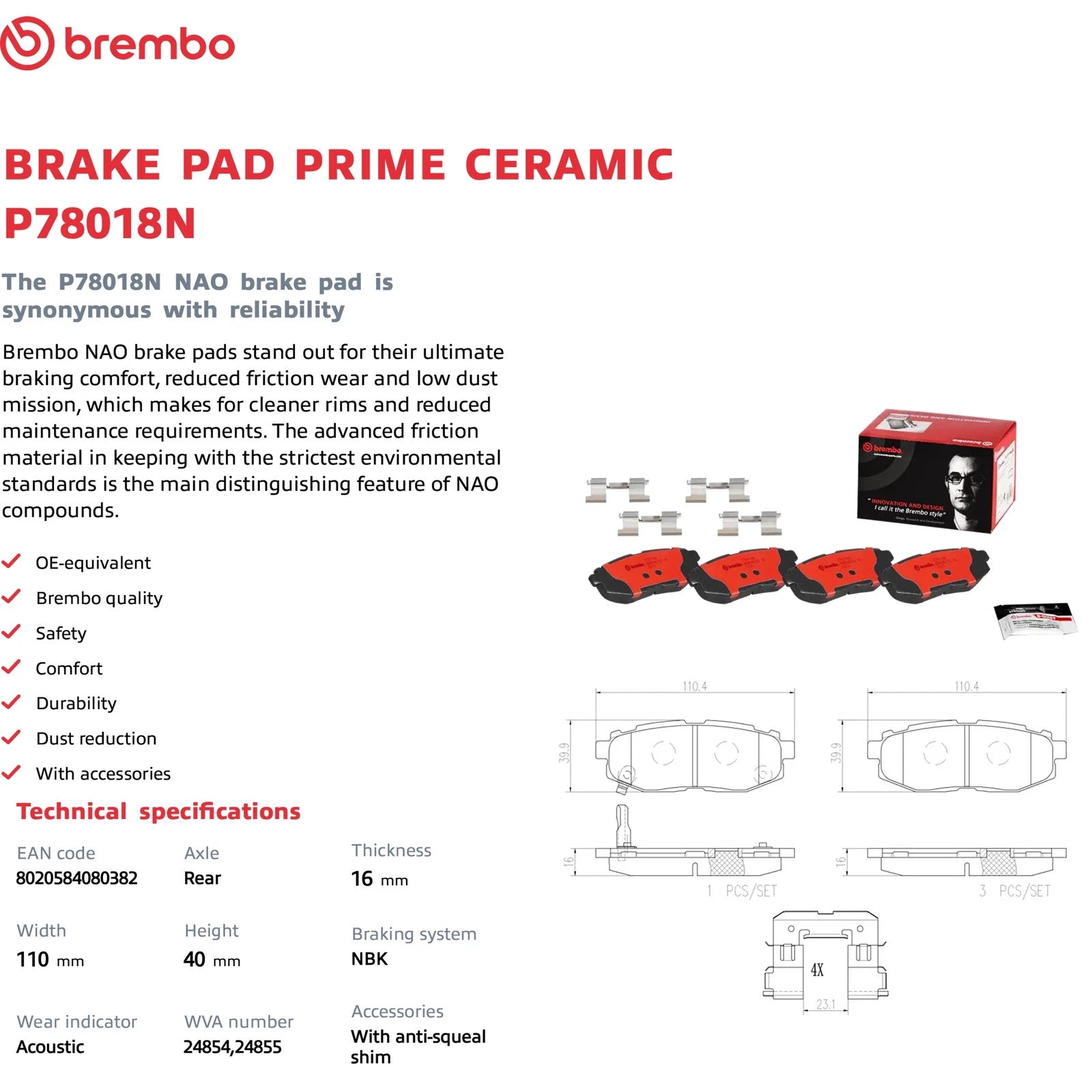 Brembo OEM Eq Rear Brake Pads | Toyota 86/Scion FR-S/Subaru BRZ (13-20) (P78018N)