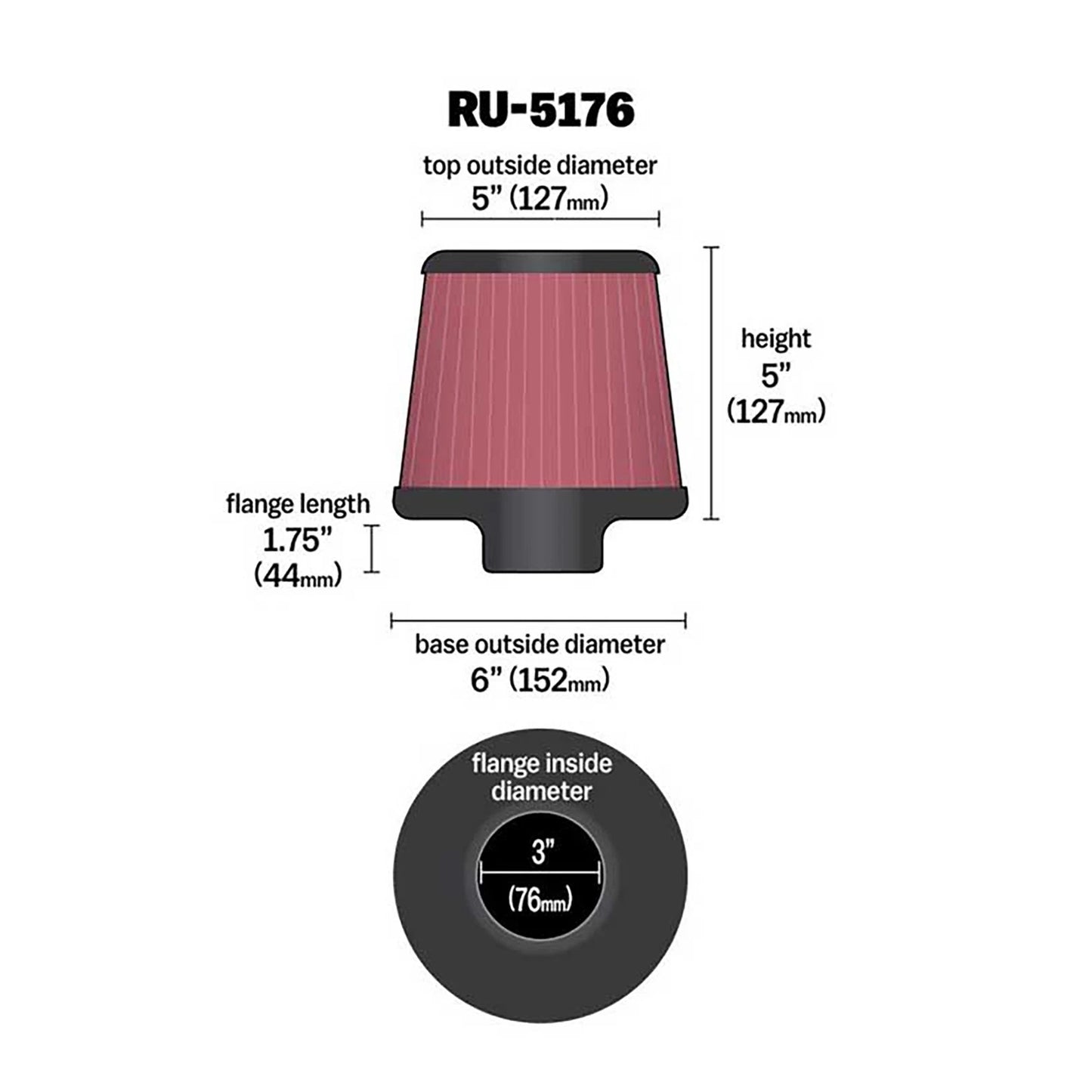 K&N RU-5176 Universal Round Tapered Performance Washable Air Filter for Intake