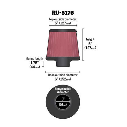 K&N RU-5176 Universal Round Tapered Performance Washable Air Filter for Intake