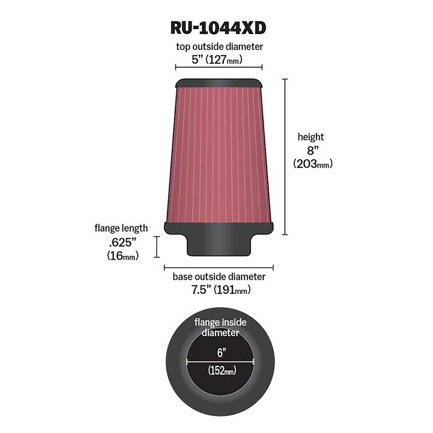 K&N RU-1044XD Universal Round Tapered PerformanceWashable Air Filter for Intake