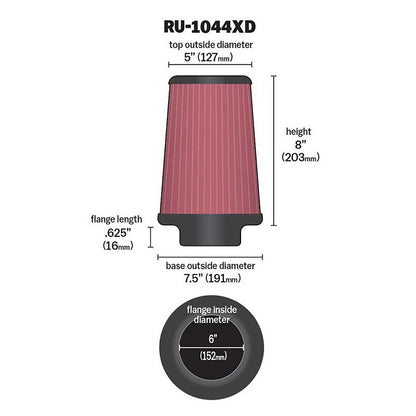 K&N RU-1044XD Universal Round Tapered PerformanceWashable Air Filter for Intake