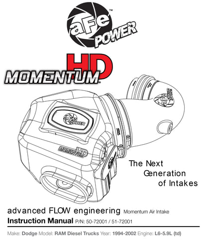 aFe Momentum HD Cold Air Intake System w/ Pro DRY S Filter | Dodge 94-02 L6-5.9L (51-72001)