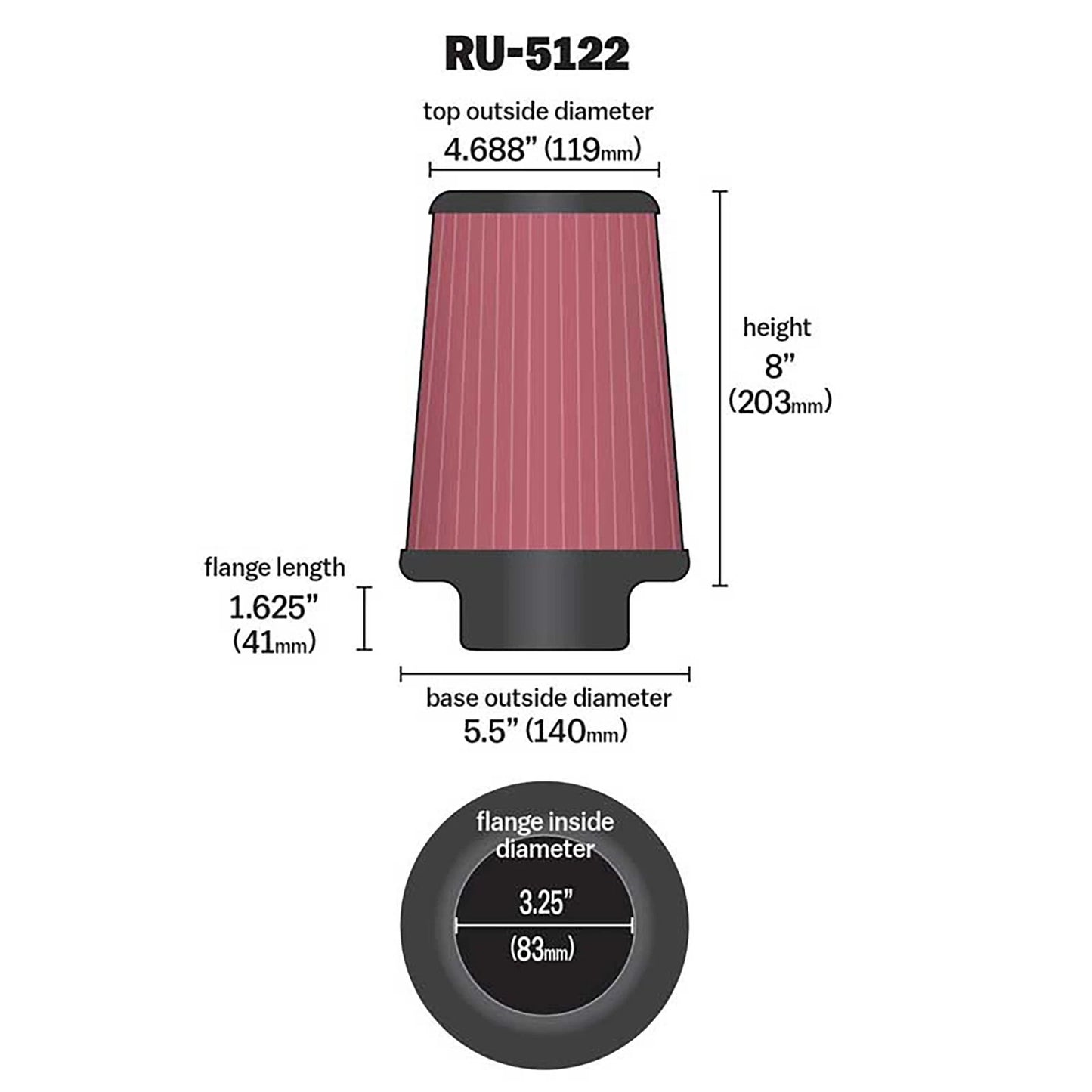 K&N RU-5122 Universal Round Tapered Performance Washable Air Filter for Intake