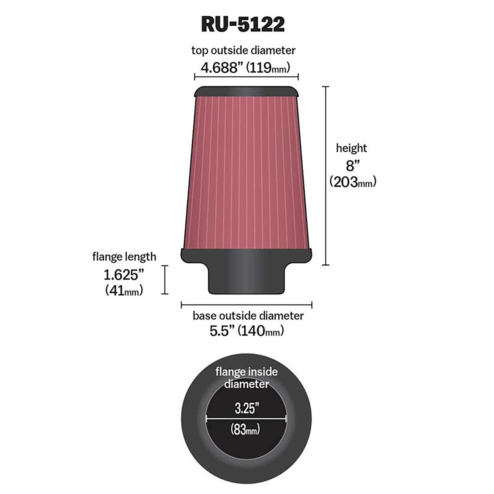K&N RU-5122 Universal Round Tapered Performance Washable Air Filter for Intake